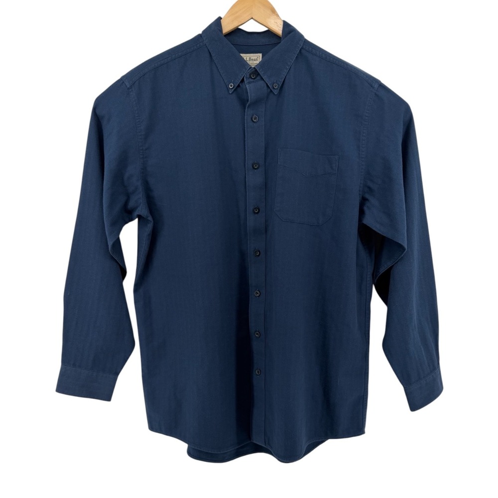 LL Bean Mens Large Tall Blue Herringbone Cotton Button Down Shirt 278630‎